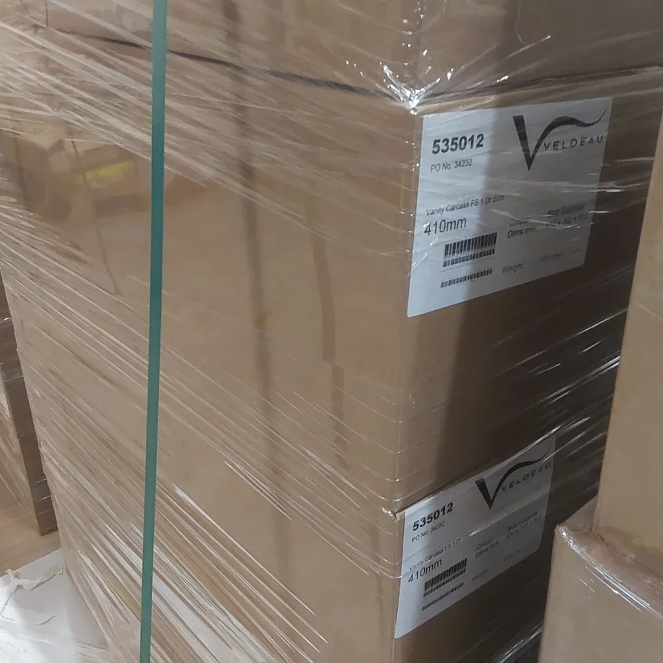 PALLET CONTAINING A LARGE QUANTITY OF ASSORTED BATHROOM FURNITURE PARTS INCLUDING: VELDEAU VANITY CARCASSES ECT