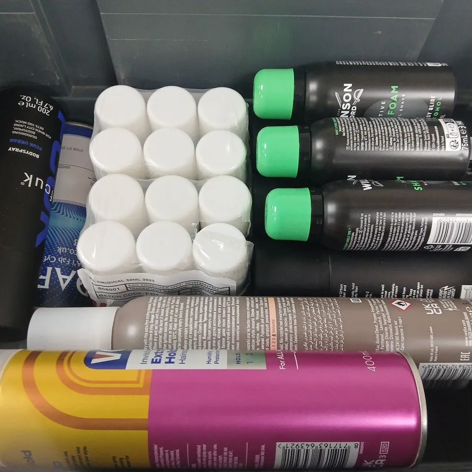 APPROXIMATELY 15 ASSORTED AEROSOLS TO INCLUDE FCUK BODYSPRAY, VO5 HAIR SPRAY, WELLA SHAPE CONTROL, ETC