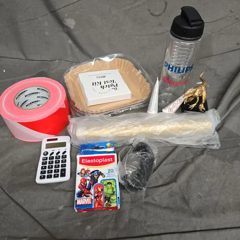 APPROXIMATELY 12 ASSORTED HOUSEHOLD ITEMS TO INCLUDE FIXMAN TAPE, MARVEL PLASTERS, MINI CALCULATOR, ETC
