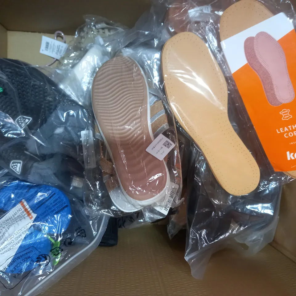 BOX OF APPROXIMATELY 15 ASSORTED PAIRS OF SHOES AND FOOTWEAR ITEMS IN VARIOUS STYLES AND SIZES TO INCLUDE HURLEY, ZARA, ETC