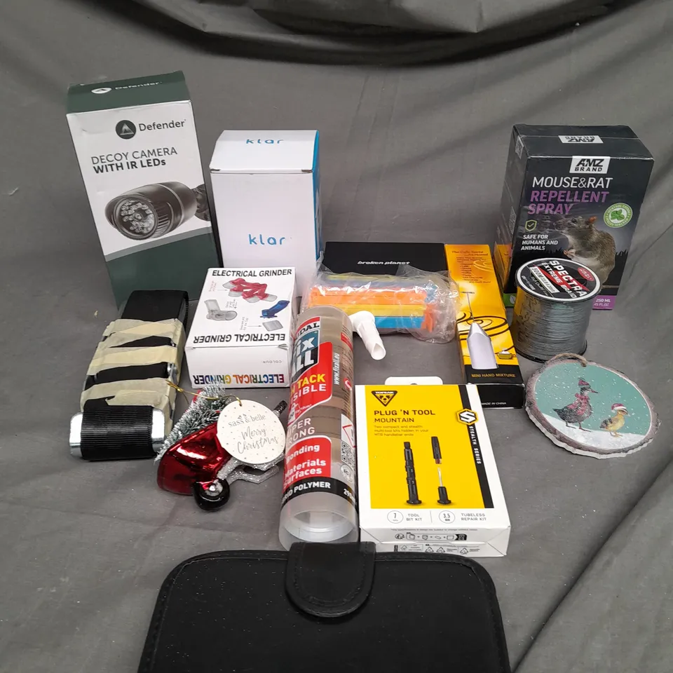 BOX OF ASSORTED HOUSEHOLD ITEMS TO INCLUDE REPELLENT SPRAY, DECOY CAMERA AND ELECTRIC GRINDER
