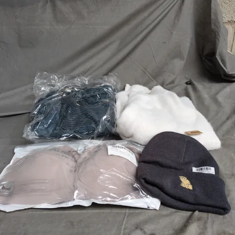 BOX OF APPROXIMATELY 20 ASSORTED CLOTHING ITEMS TO INCLUDE JEANS, WHITE FLUFFY TOP, DOG BEANIE ETC