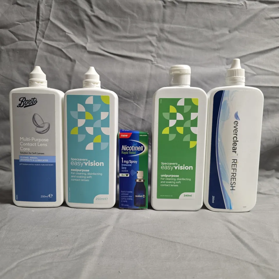 APPROXIMATELY 20 ASSORTED CONTACT LENS CARE SOLUTIONS WITH NICOTINELL NASAL SPRAY BOX, ETC