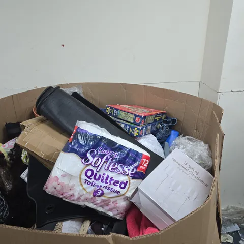 PALLET TO CONTAIN A LARGE AMOUNT OF ASSORTED ITEMS TO INCLUDE CANDLESTICK GLASSES, CLOTHING, JIGSAWS, TOILET ROLLS ETC