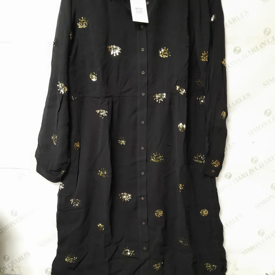 WHITE STUFF LADIES MAXI SHIRT DRESS BLACK WITH GOLD SEQUIN DETAIL SIZE 16