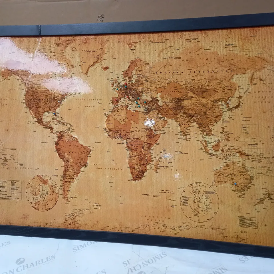 HARPER COLLINS PUBLISHERS LTD WORLD MAP CORK BOARD W. FRAME AND PINS