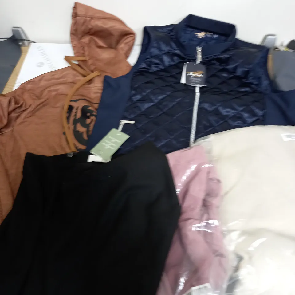 LARGE BOX OF ASSORTED CLOTHING ITEMS IN VARIOUS COLOURS AND SIZES INCLUDING TROUSERS , TOPS AND JUMPERS 