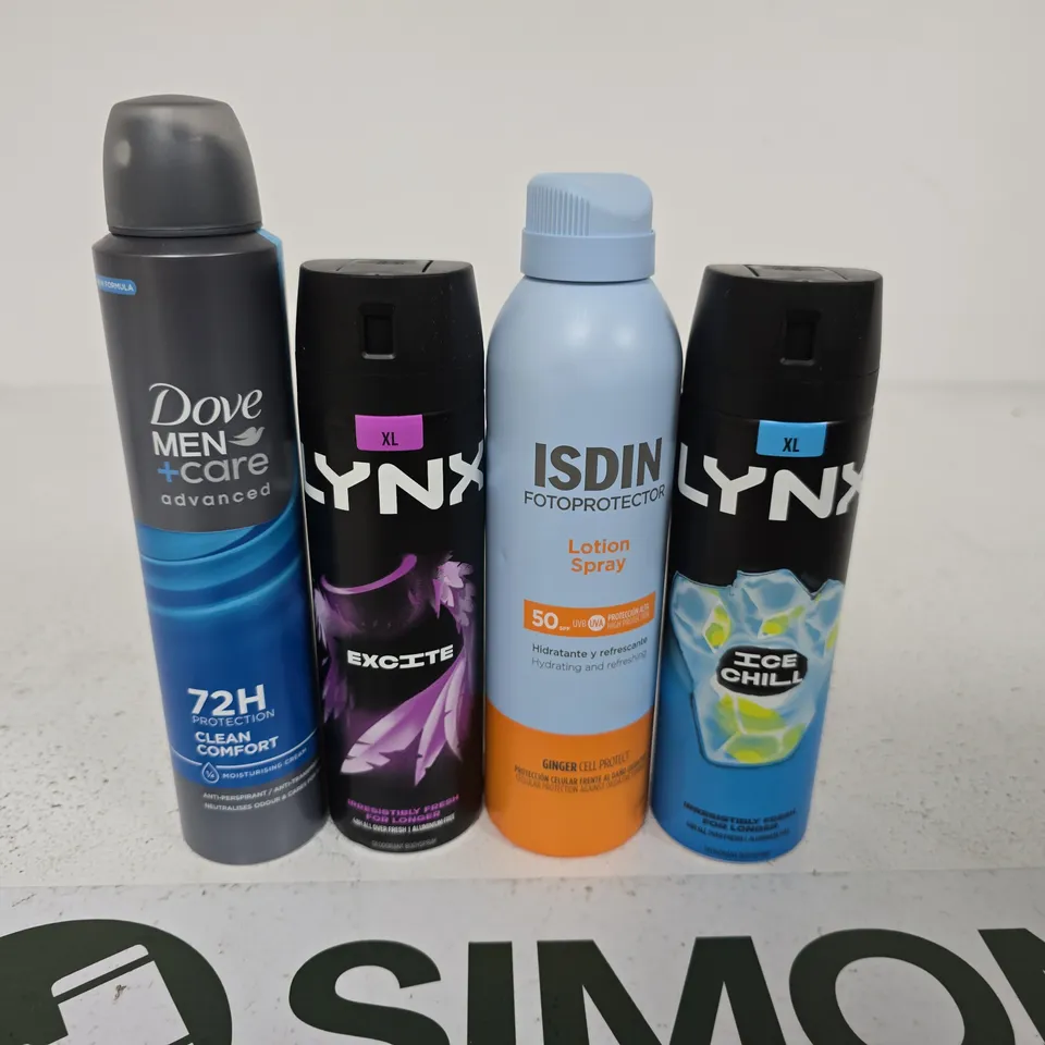 APPROXIMATELY 10 ASSORTED AEROSOLS TO INCLUDE LYNX, DOVE MEN AND ISDIN