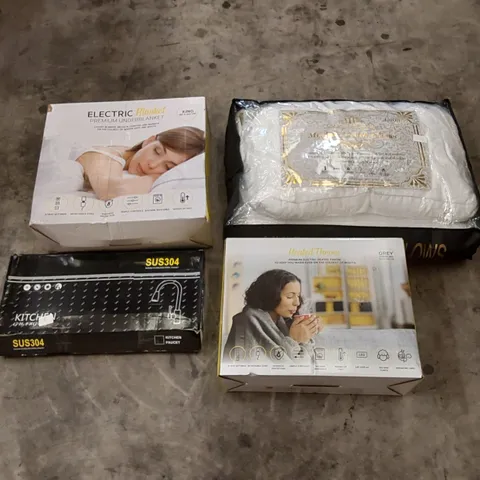 PALLET OF ASSORTED HOUSEHOLD ITEMS AND CONSUMER PRODUCTS TO INCLUDE; FOOTSPA, KITCHEN FAUCET, HEATED BLANKETS, PILLOWS ETC