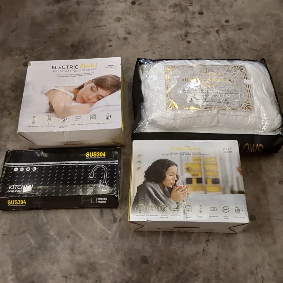 PALLET OF ASSORTED HOUSEHOLD ITEMS AND CONSUMER PRODUCTS TO INCLUDE; FOOTSPA, KITCHEN FAUCET, HEATED BLANKETS, PILLOWS ETC