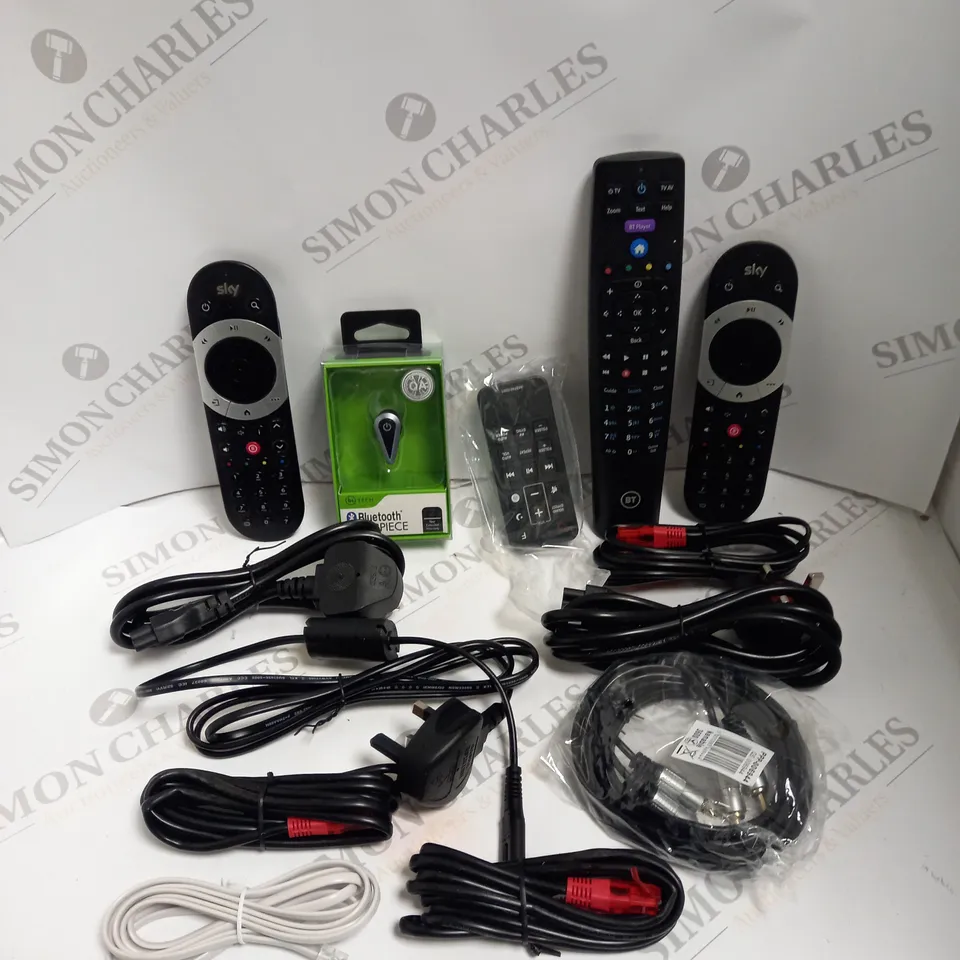 BOX TO CONTAIN APPROX. 30 X ASSORTED TECH PRODUCTS. INCLUDES REMOTES, EAR PIECE, CABLES & LEADS FOR VARIOUS DEVICES