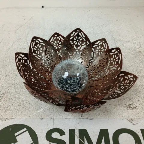METAL LOTUS FLOWER BOWL WITH CRACKLED GLASS ORB