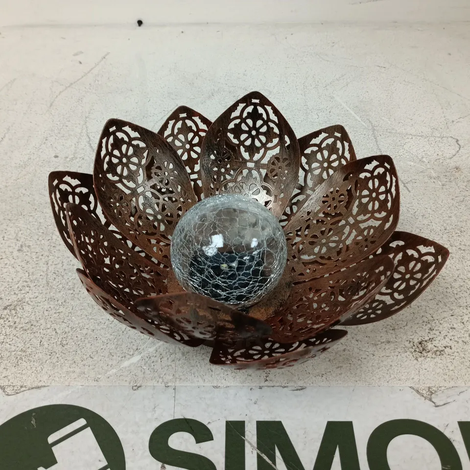METAL LOTUS FLOWER BOWL WITH CRACKLED GLASS ORB 