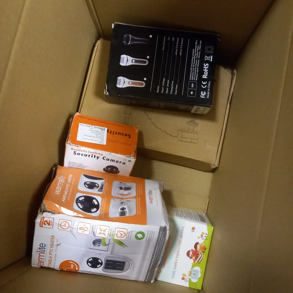BOX OF APPROXIMATELY 5 ASSORTED ITEMS TO INCLUDE FOUNTAIN PUMP, PORTABLE HEATER, EDUCATION DEVICE ETC