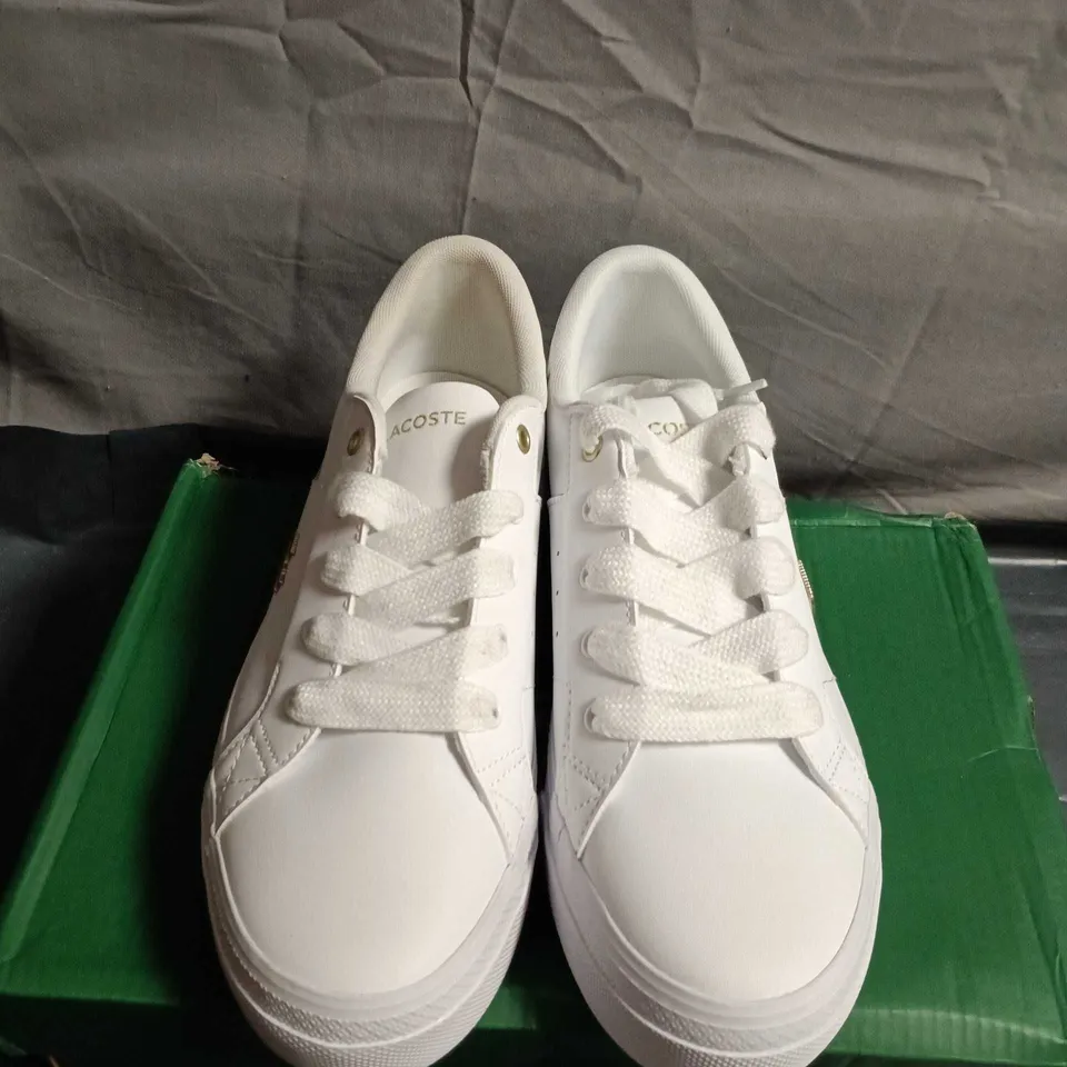 BOXED PAIR OF LACOSTE WHITE SNEAKERS – UK SIZE 6