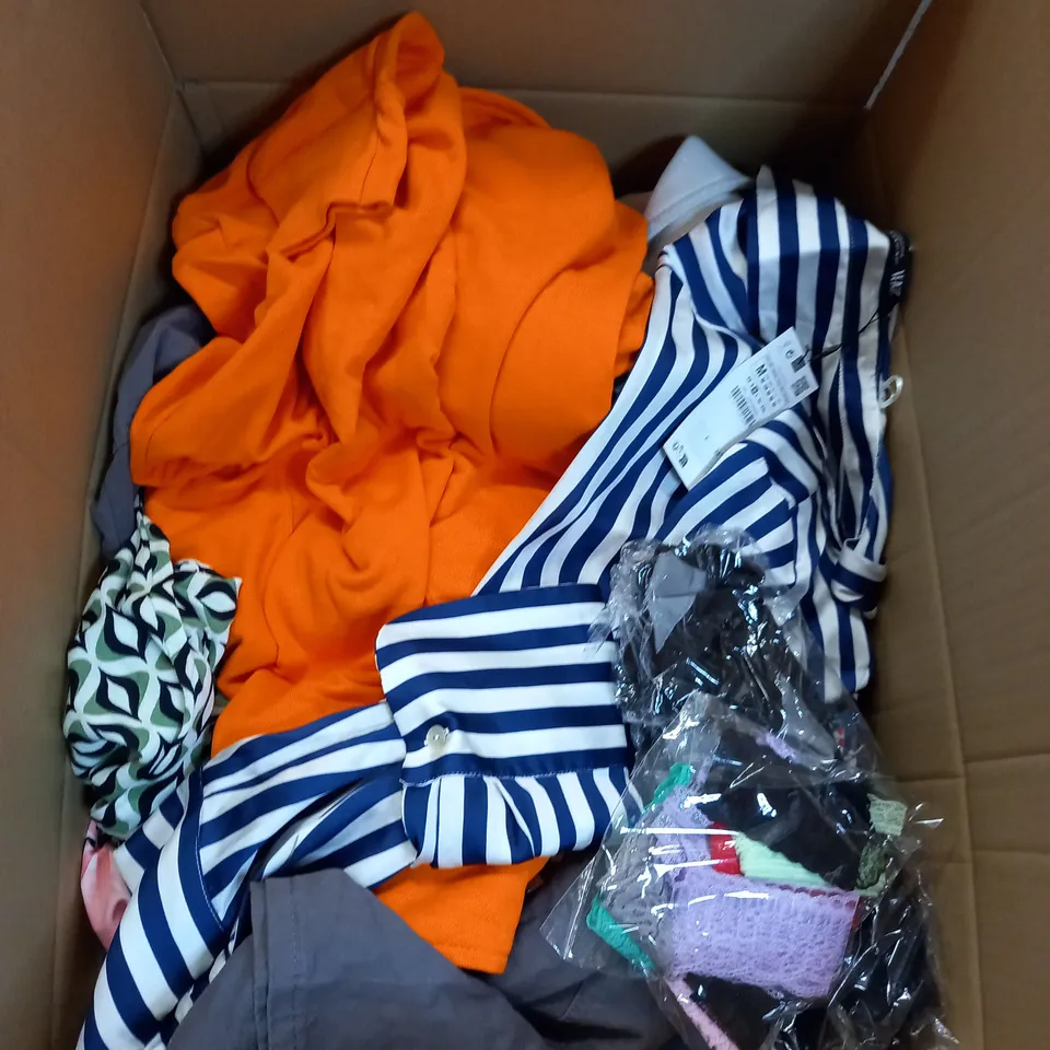  BOX OF ASSORTED CLOTHING ITEMS TOO INCLUDE DRESSES , SHIRTS AND TROUSERS IN VARIOUS SIZES AND COLOURS   