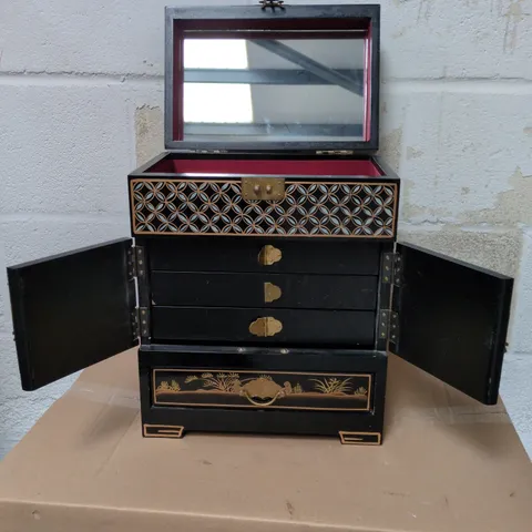 JAPANESE STYLE WOODEN JEWELLERY CABINET WITH MIRROR