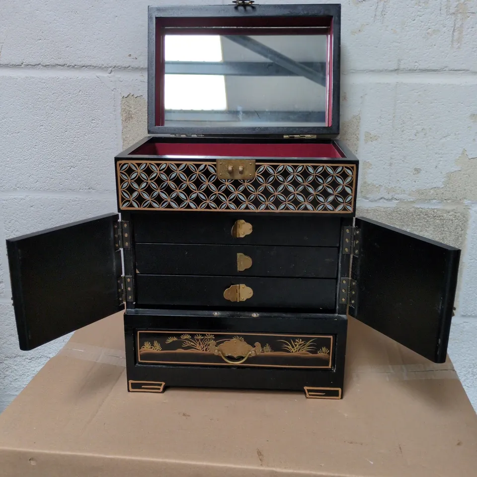 JAPANESE STYLE WOODEN JEWELLERY CABINET WITH MIRROR