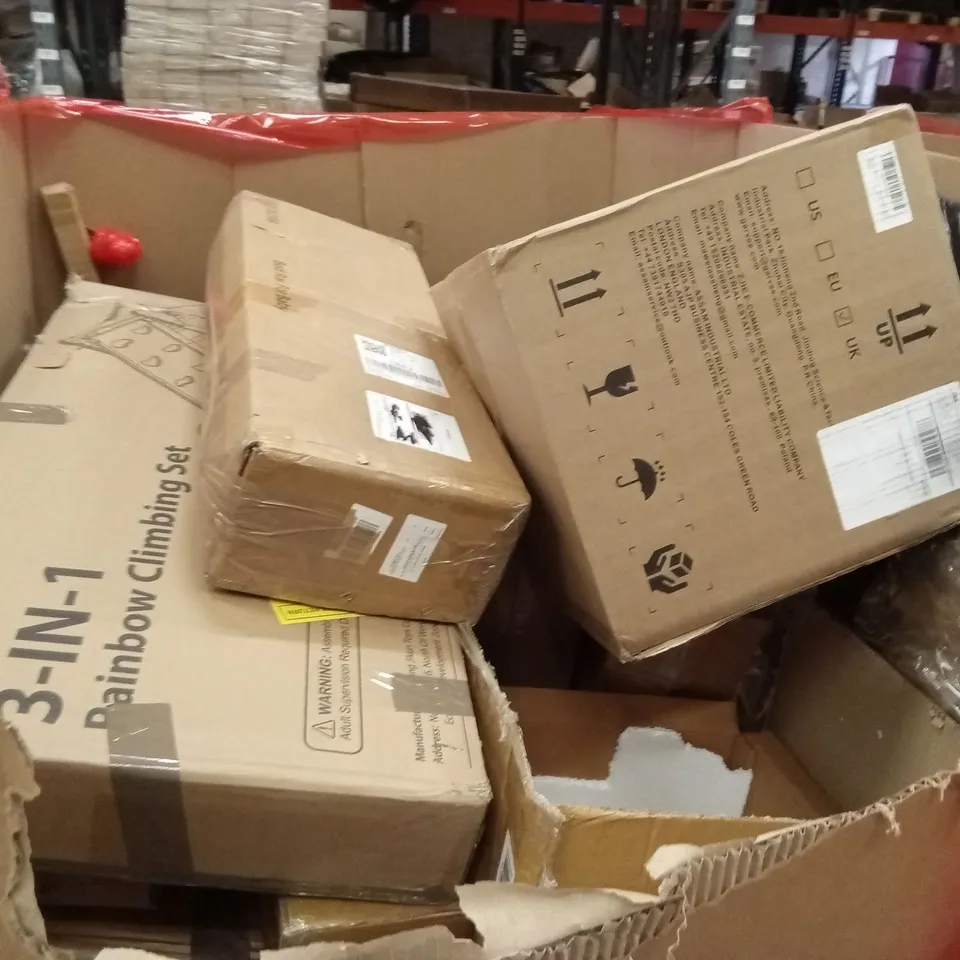 PALLET OF ASSORTED HOUSEHOLD GOODS AND PRODUCTS TO INCLUDE; CLIMBING SET,AIR COOLER, SUITCASE