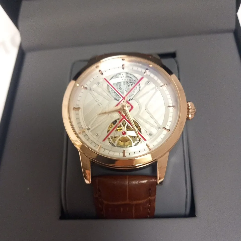 MENS VONLANTHEN AUTOMATIC WATCH – SILVER AND RED TEXTURED DIAL – ROSE GOLD COLOUR CASE - GLASS EXHIBITION BACKCASE – BLACK LEATHER STRAP
