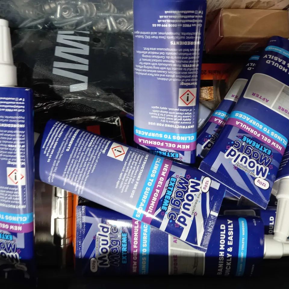 BOX OF APPROXIMATELY 10 ASSORTED HOUSEHOLD ITEMS TO INCLUDE MOULD MAGIC, VISBELLA UV LIGHT GLUE, STAMFORD INC INCENSE STOCKS, ETC