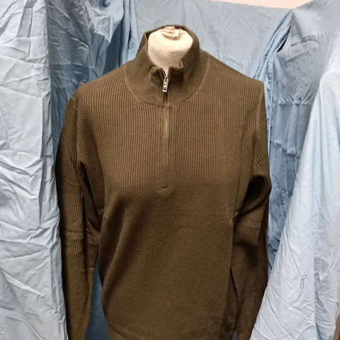 MNG BROWN RIBBED KNIT ZIP-NECK SWEATER