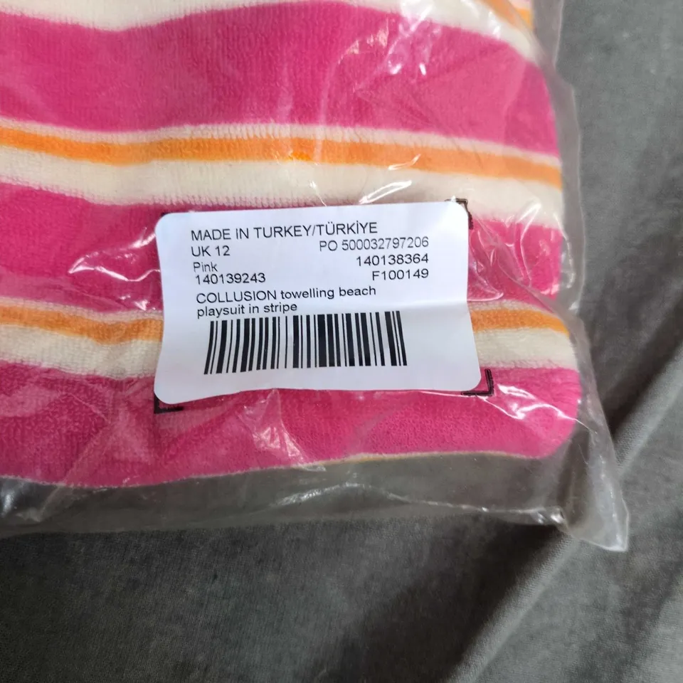 COLLUSION TOWELLING BEACH PLAYSUIT IN STRIPE – PINK, UK 12
