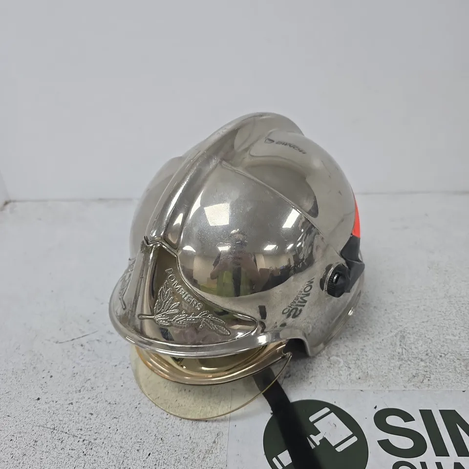SAPEURS-POMPIERS FIREFIGHTER HELMET – SILVER METAL WITH LEATHER CHIN STRAP