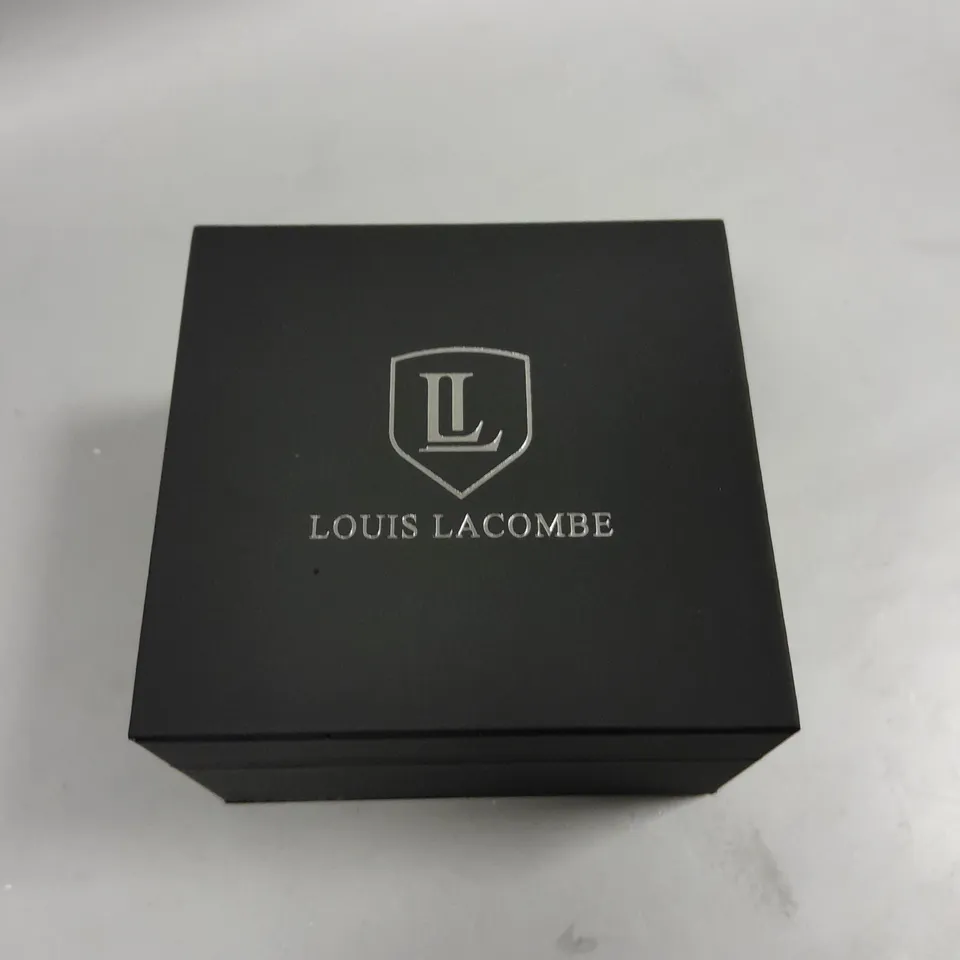 MENS LOUIS LACOMBE CHRONOGRAPH WATCH WITH MULTI FUNCTION DIAL WITH DATE AND ROMAN NUMERAL DIAL WITH BROWN LEATHER STRAP IN GIFT BOX