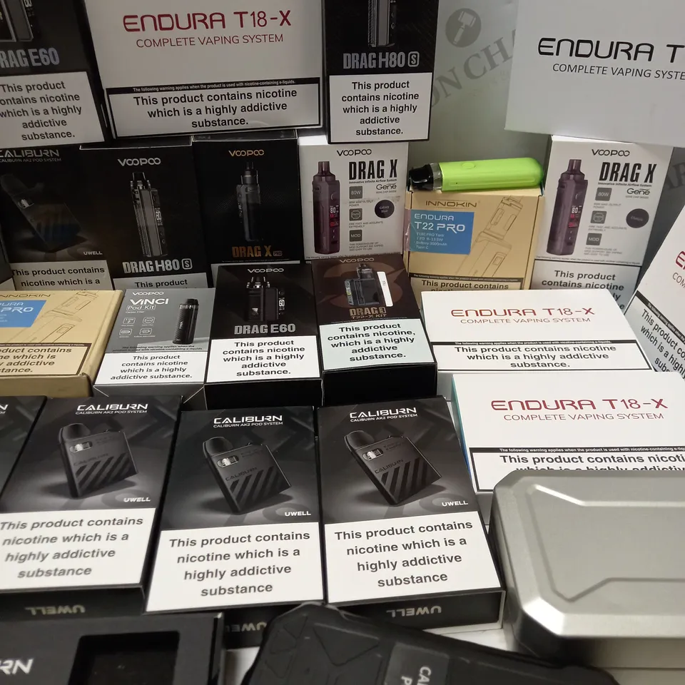 LOT OF APPROX 30 TO INCLUDE VOOPOO DRAG H80 , INNOKIN ENDURA T22 PRO , UWELL CALIBURN , ENDURA T18E VAPING SYSTEM , ETC
