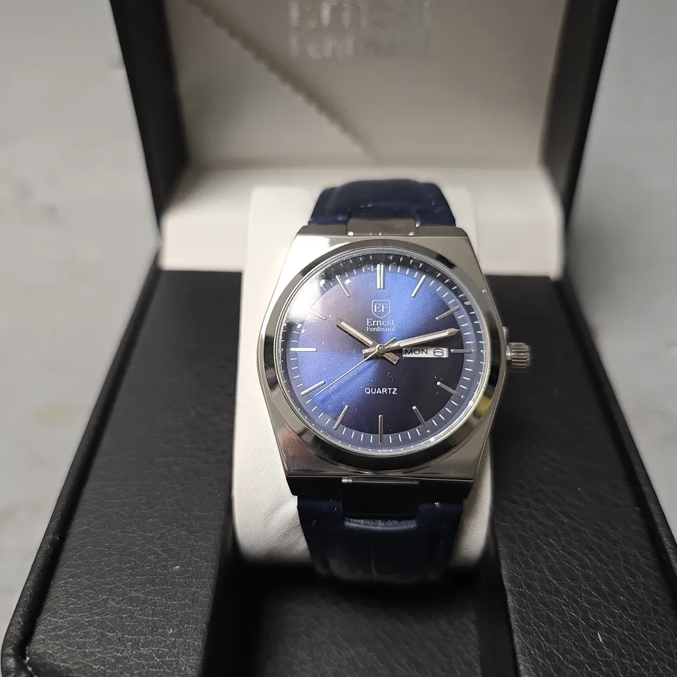  ERNEST FERDINAND WATCH – DAY DATE CALENDAR DIAL – LEATHER STRAP – 3ATM WATER RESISTANT
