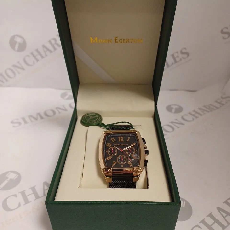 BOXED MANN EGERTON IMPACT ROSE BLACK DIAL MESH STRAP WATCH 