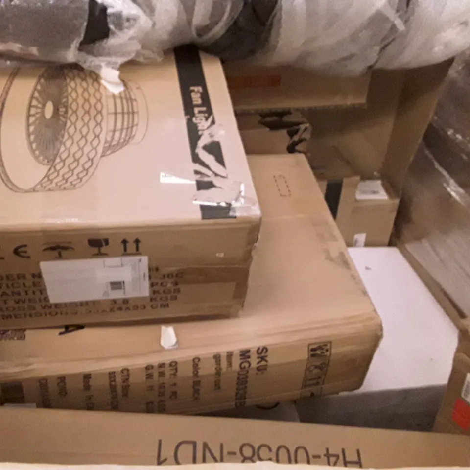 PALLET OF ASSORTED PRODUCTS INCLUDING LED CEILING FAN LIGHT, SINGLE MATTRESS, HOMIDEC DRYING RACK, ROLLER BLIND