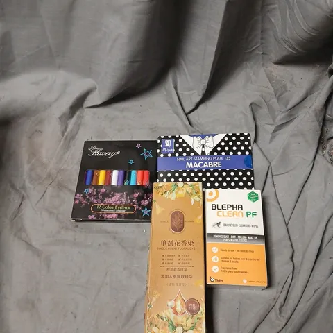 APPROXIMATELY 25 ITEMS INCLUDING ASSORTED HEALTH & BEAUTY ITEMS: NAIL ART PLATE, MAKEUP PALETTES, HAIR DYE BOXES, AND UTI SELF-TEST KIT.