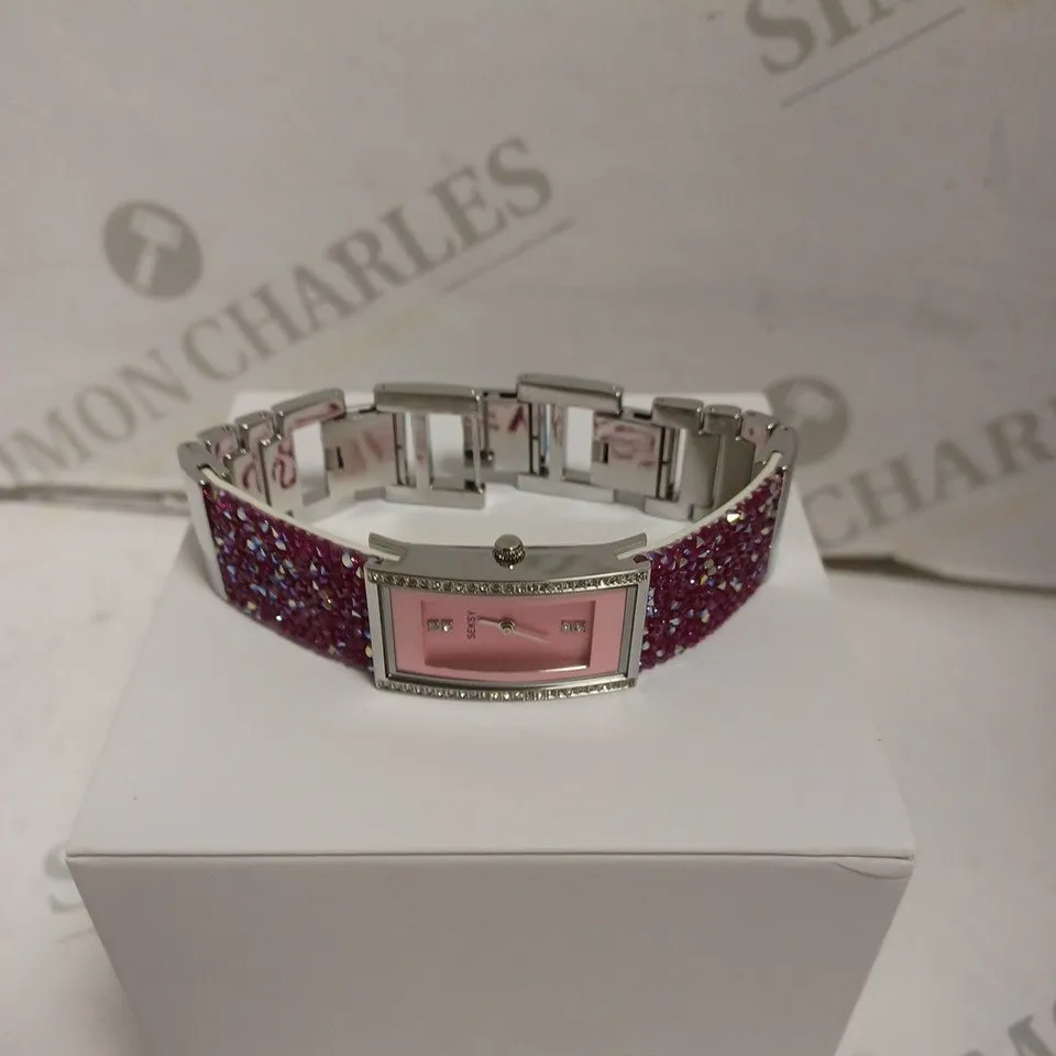 BOXED SEKSY BY SEKONDA LADIES STONE SET WATCH WITH STAINLESS STEEL BACK - JAPAN MOVEMENT. 