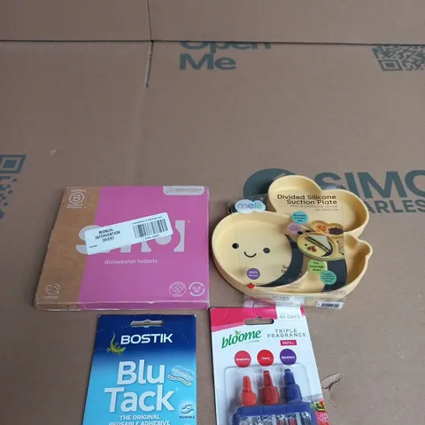 APPROXIMATELY 15 ASSORTED HOUSEHOLD PRODUCTS TO INCLUDE SMOL DISHWASHER TABLETS, DIVIDED SILICONE SUCTION PLATE AND BLOOME TRIPLE FRAGRANCE REFILL