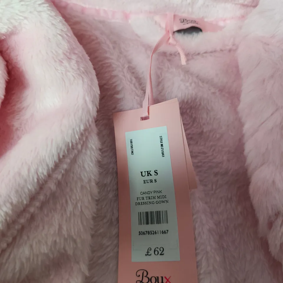 BOUX AVENUE CANDY PINK FUR TRIM MIDI DRESSING GOWN – UK SIZE S