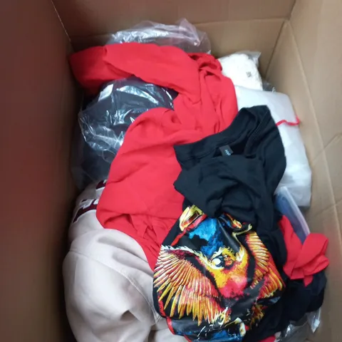BOX OF APPROXIMATELY 25 ASSORTED CLOTHING ITEMS IN VARIOUS STYLES , COLOURS AND SIZES 