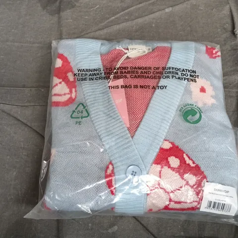 SKINNYDIP RED MUSHROOM KNIT CARDIGAN IN BLUE – WOMEN’S KNITWEAR - MEDIUM