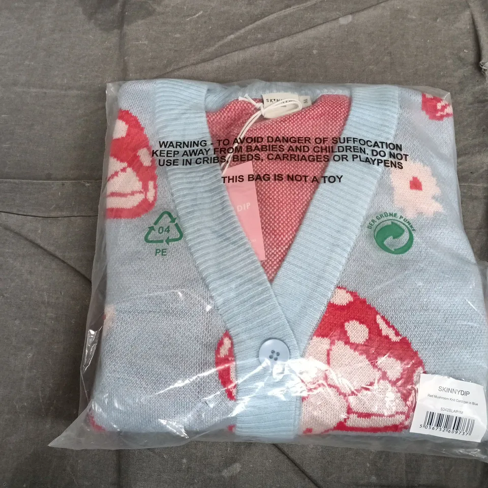 SKINNYDIP RED MUSHROOM KNIT CARDIGAN IN BLUE – WOMEN’S KNITWEAR - MEDIUM