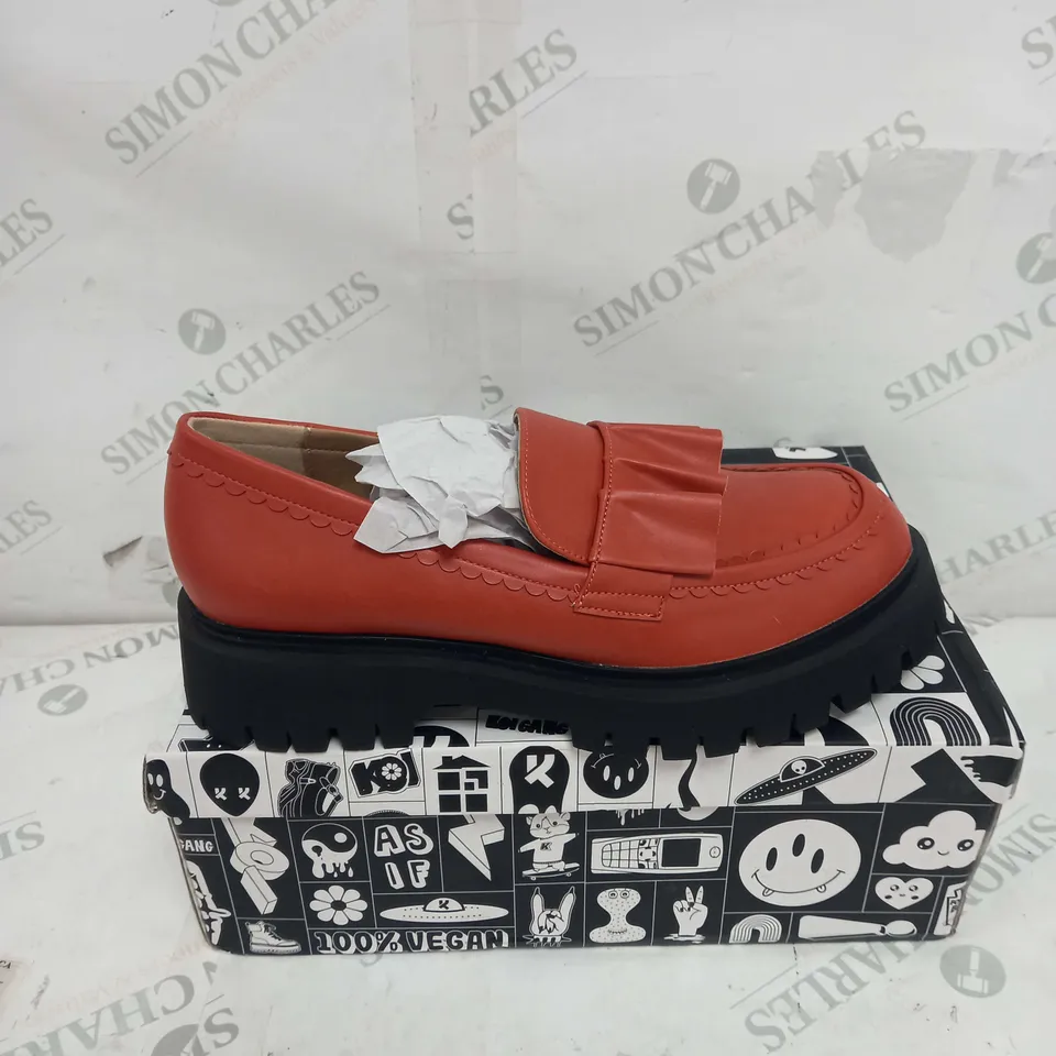 BOXED PAIR OF KOI FOOTWEAR WILLOW RUFFLE LOAFERS IN RUST - SIZE 9