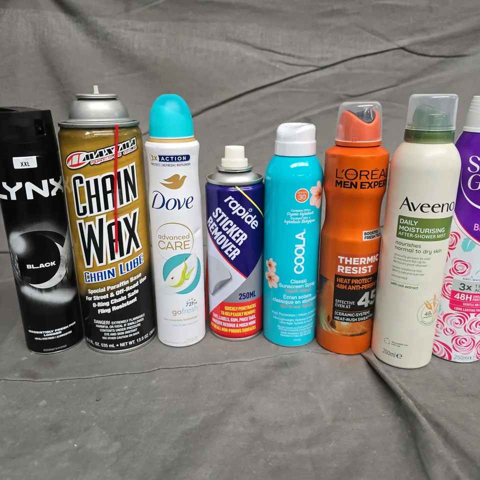 APPROXIMATELY 15 ASSORTED AEROSOLS TO INCLUDE SOFT & GENTLE FRESH BLOSSOM, AVEENO AFTER-SHOWER MIST, CHAIN WAX CHAIN LUBE, ETC - COLLECTION ONLY