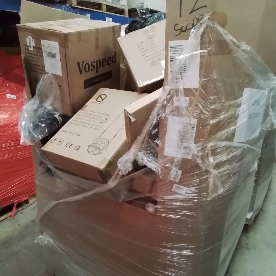 PALLET OF ASSORTED ITEMS, INCLUDING, SET OF 3 FRYING PANS, TOOL BAG, VELVET COAT HANGERS, CIRCULAR TRAY, 3 IN 1 CHILDS SWING SEAT, VOSPEED STAND MIXER, GALVANISED BUCKET,
