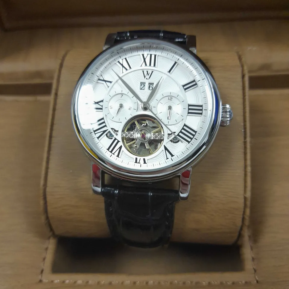 MENS WILLIAM JOURDAIN AUTOMATIC 4542 WATCH – BIG CALANDAR DATE WITH SUB DIALS – GLASS EXHIBITION BACK CASE – BLACK GENUINE LEATHER STRAP 