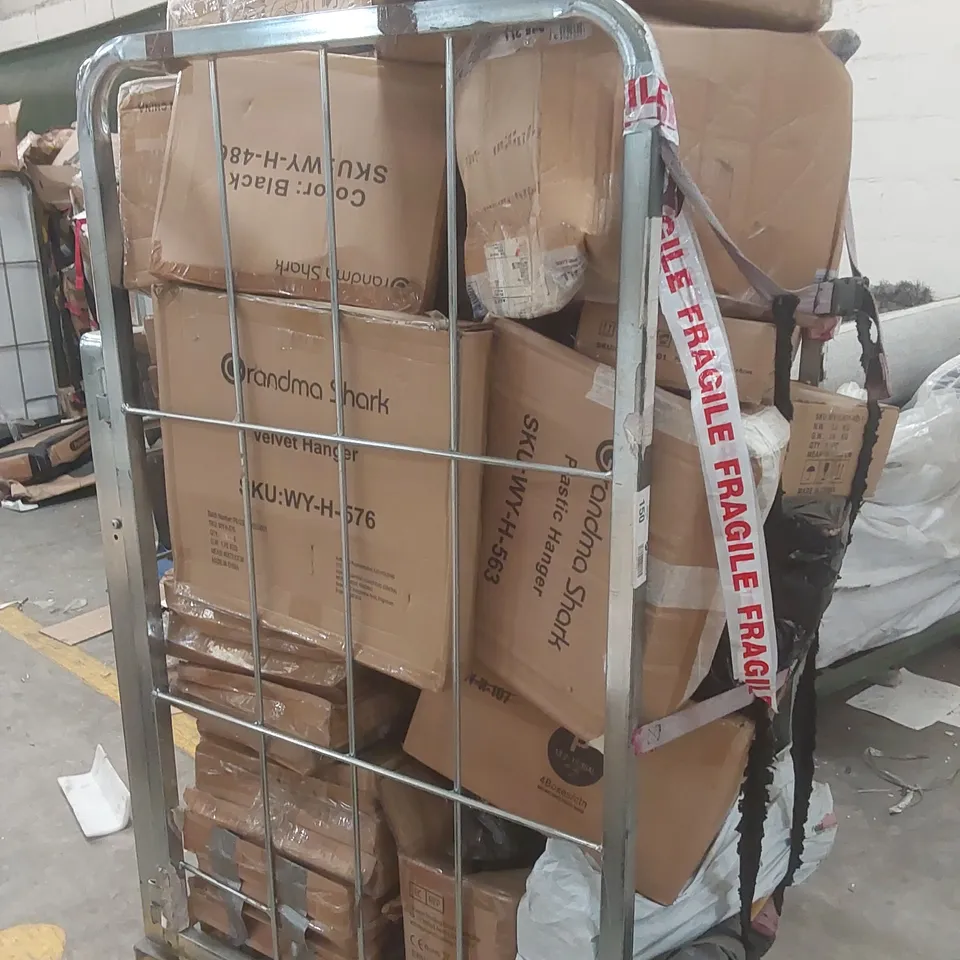 CAGE CONTAINING A LARGE QUANTITY OF ASSORTED ITEMS INCLUDING: GARDEN HOSE, CLOTHES HANGERS ECT // CAGE NOT INCLUDED