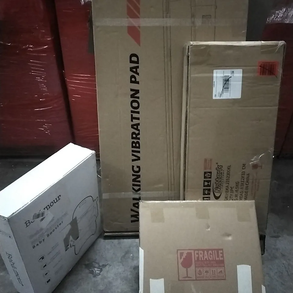 PALLET OF HOUSEHOLD ITEMS TO INCLUDE BABY BOOSTER, WALKING VIBRATION PAD,MIRROR, SCOOTER AND OTHER ASSORTED ITEMS...