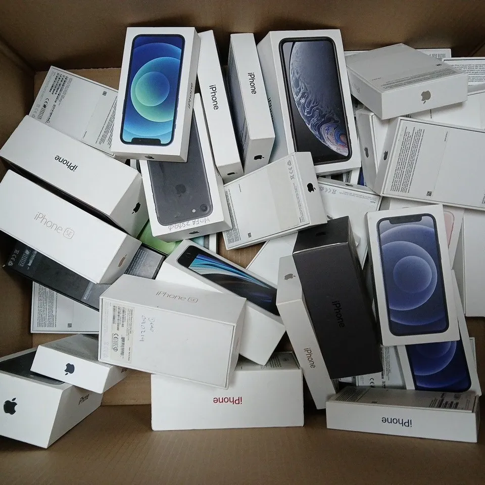 APPROXIMATELY 35 ASSORTED EMPTY IPHONE BOXES FOR VARIOUS MODELS
