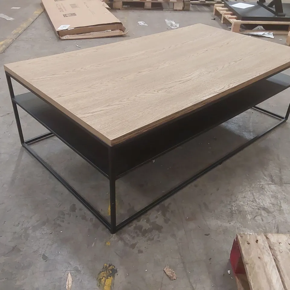 DESIGNER COFFEE TABLE WITH WOODEN TOP AND METAL BASE