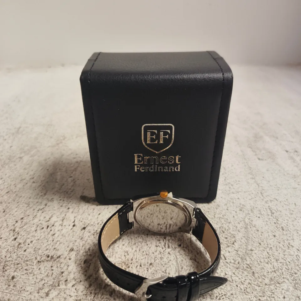 ERNEST FERDINAND MEN'S WRISTWATCH – BLACK DIAL, ROSE GOLD BEZEL, LEATHER STRAP
