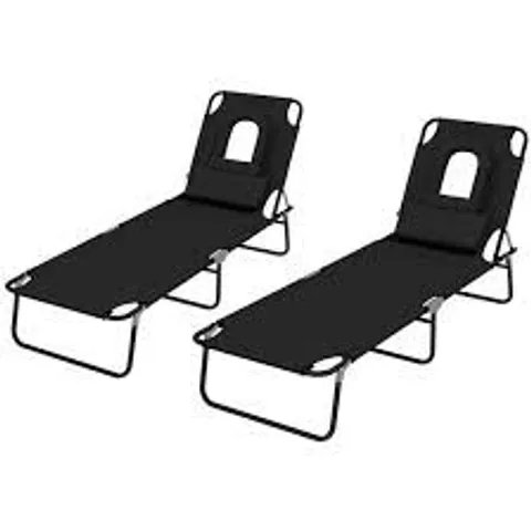 BOXED OUTSUNNY OUTDOOR FOLDABLE SUN LOUNGER SET OF 2, 4 LEVEL ADJUSTABLE BACKREST RECLINING SUN LOUNGER CHAIR WITH PILLOW AND READING HOLE, BLACK